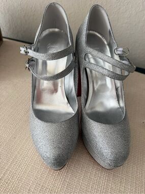 Christian Louboutin Silver Glitter Double-Strap Mary Jane Pumps